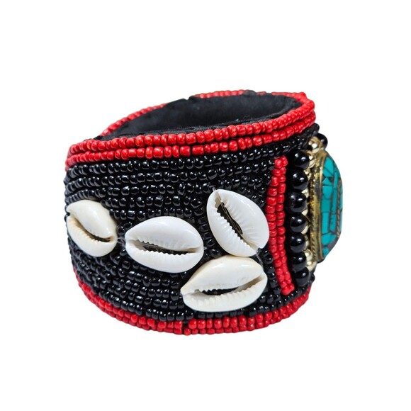 Handmade Beaded Cuff Bracelet Red & Black Seed Beads, Cowrie Shells, Turquoise - Picture 2 of 5